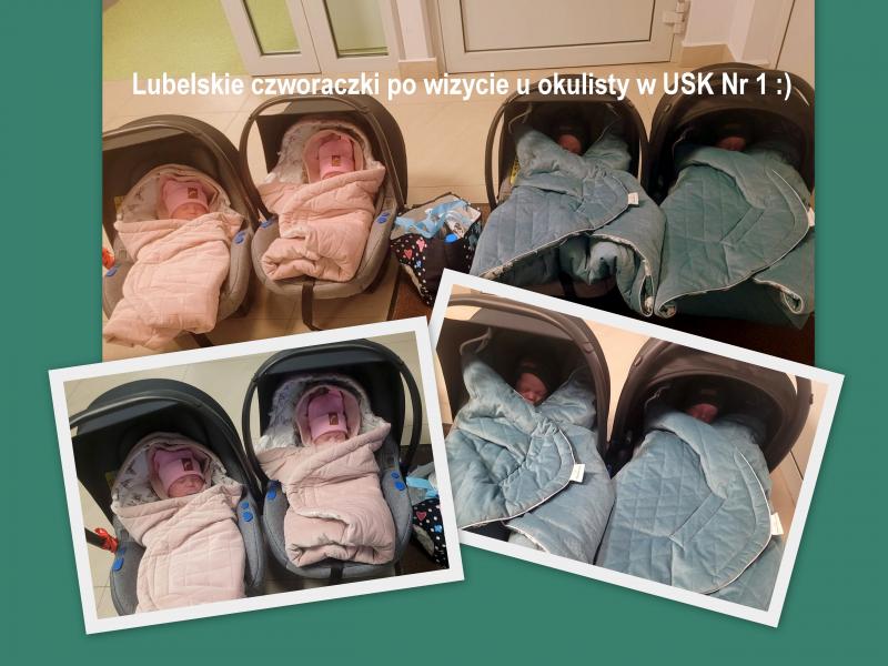 Julia, Alicja, Nikodem i Jakub - lubelskie czworaczki na wizycie kontrolnej u okulisty w USK Nr 1 (fot. Anna Guzowska 4.03.24)