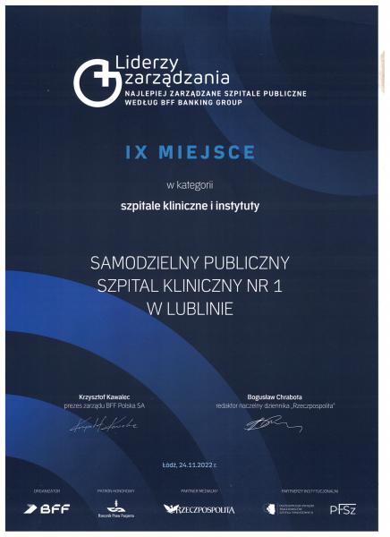 dyplom dla SPSK 1 - ranking szpitali 2022