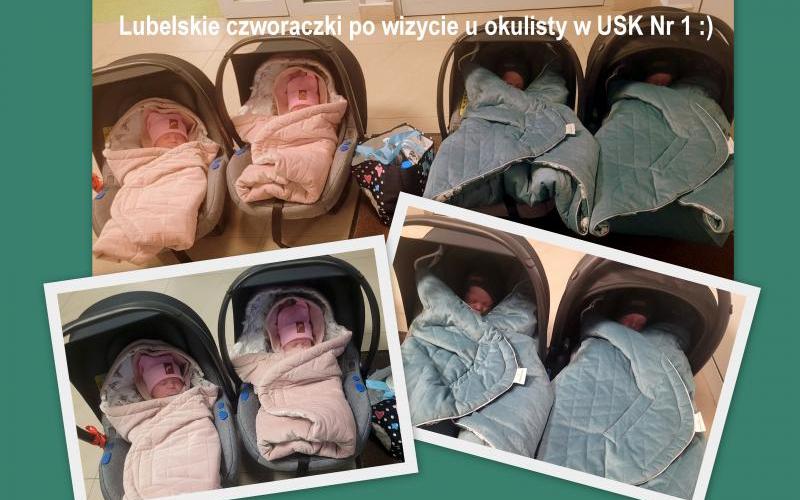 Julia, Alicja, Nikodem i Jakub - lubelskie czworaczki na wizycie kontrolnej u okulisty w USK Nr 1 (fot. Anna Guzowska 4.03.24)